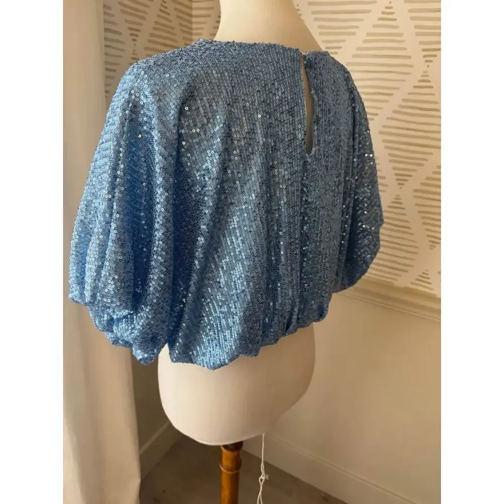 Endless Rose Women’s Small Blue Sequin Cropped Puffed Sleeve Top - Picture 5 of 7
